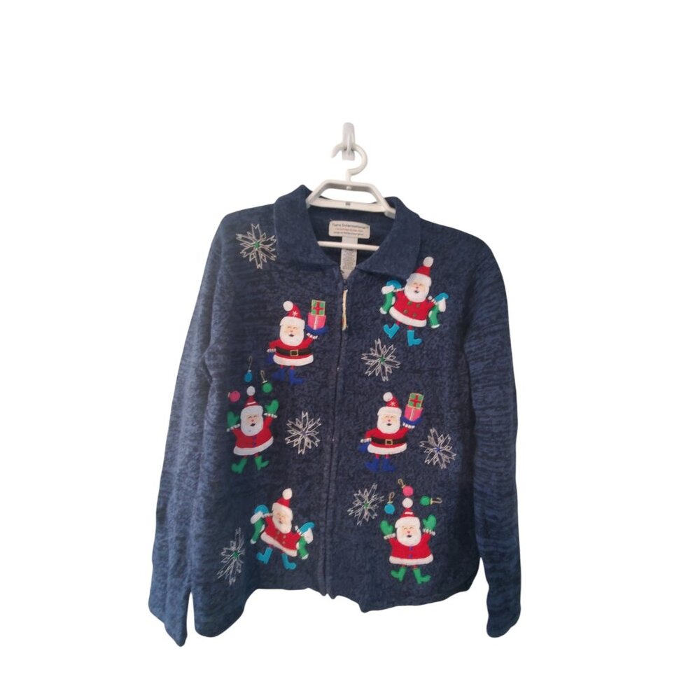 Tiara Women Sweater womens Large Christmas cardigan zip up blue Santa ramie